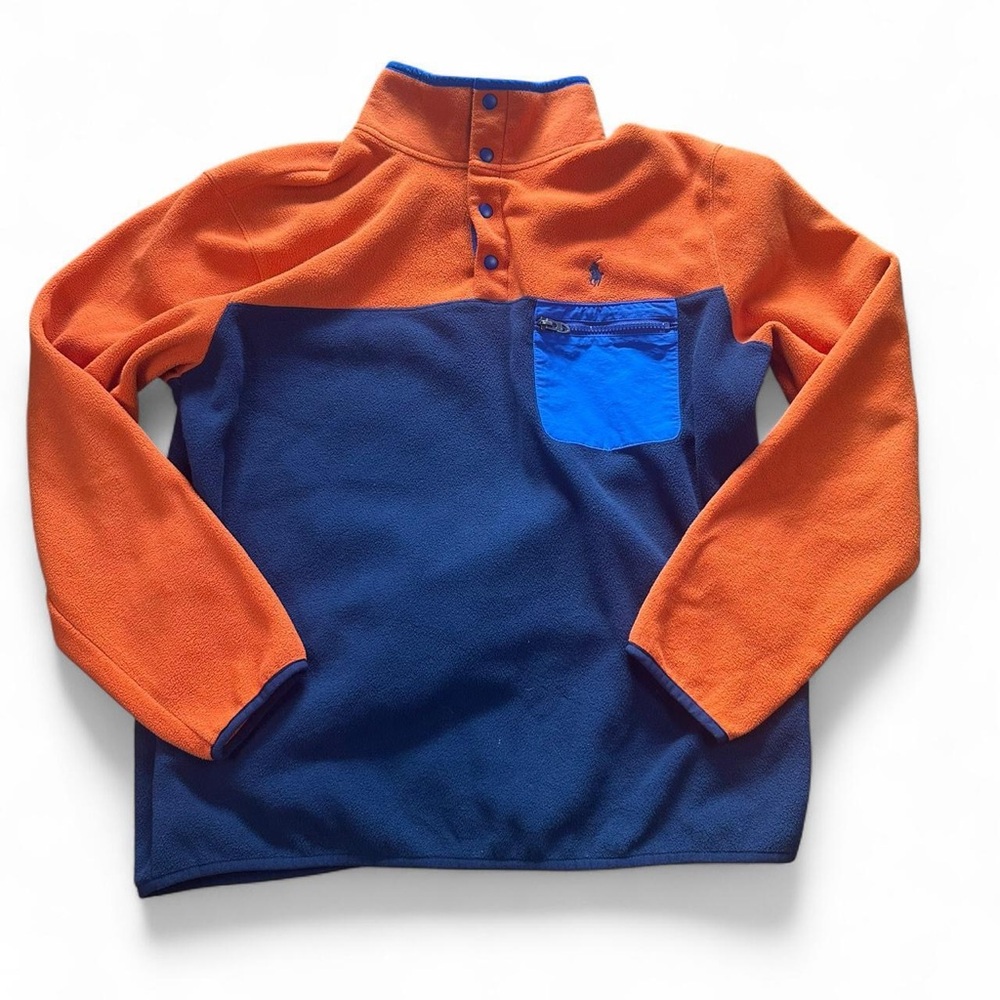 Polo‎ Ralph Lauren Men's Blue Orange Pullover 1/4 Button Up Fleece Sweater L
